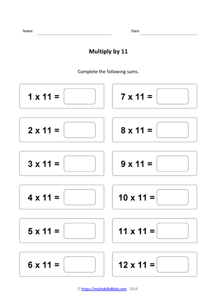  11 Times table Worksheets PDF Multiplying By 11 Activities