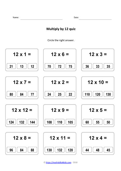 12 times table worksheets PDF | Multiplying by 12 activities