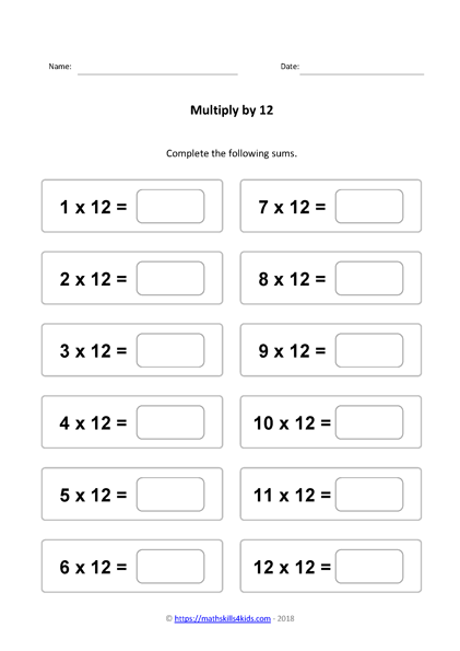12 times table worksheets PDF | Multiplying by 12 activities