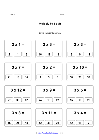 3 times table worksheets PDF | Multiplying by 3 activities