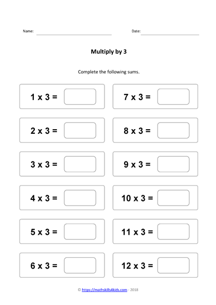 3 times table worksheets PDF Multiplying by 3 activities