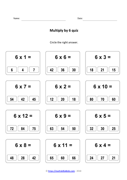 Table of 6 up to 20 times, 6 times table