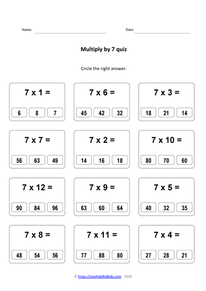 7 times table worksheets PDF | Multiplying by 7 activities