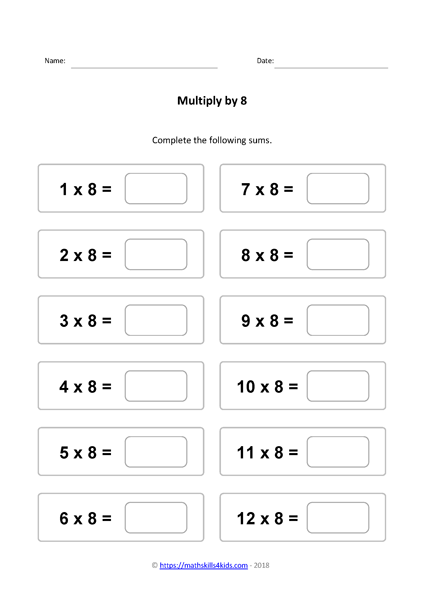 8 times table worksheets PDF | Multiplying by 8 activities