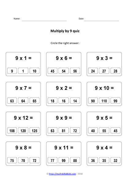 9 times table worksheets PDF | Multiplying by 9 activities