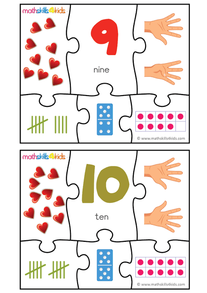Printable Number matching puzzles - number 9 to 10