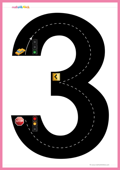 preschool math printable game - road numbers math digit 3