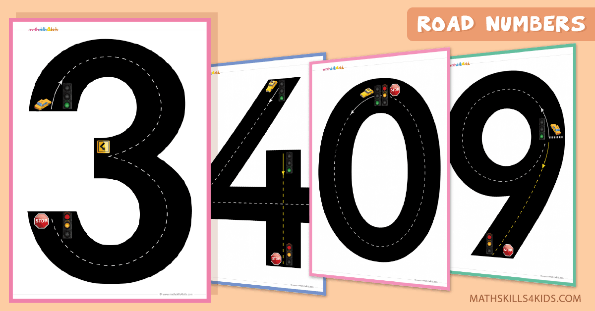 Road Numbers Math training game - Pre-K Free printable Road Numbers game