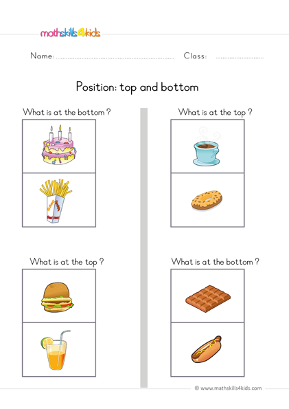 pre k position worksheets - top bottom