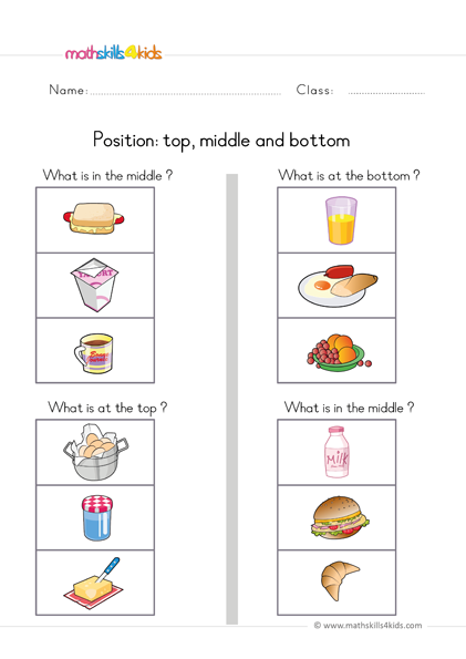 pre k position worksheets - top middle bottom