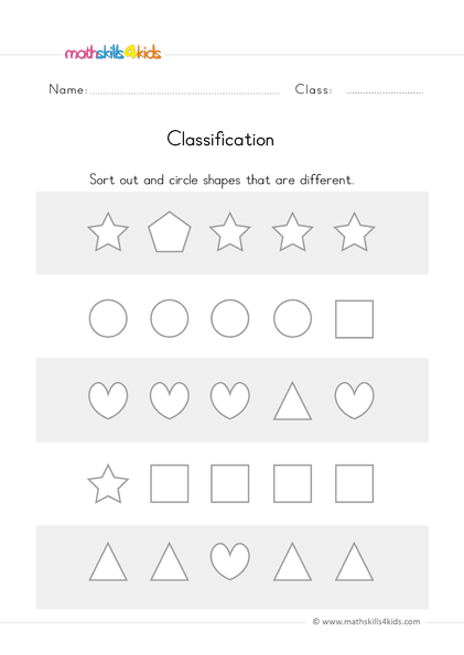 preschool math worksheets - classify different shapes