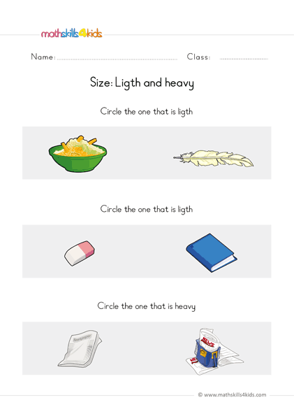 preschool math worksheets size comparing light and heavy