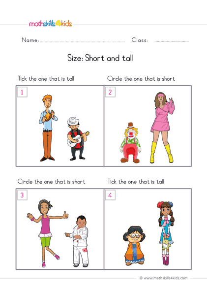 preschool math worksheets size comparing tall and short